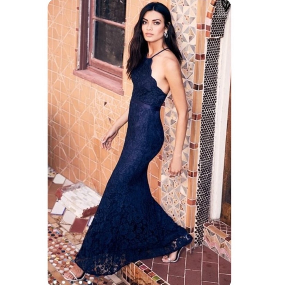 Lulus navy blue lace floral gown size S